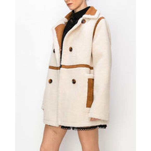 Ina Faux Shearling Suede Double Breasted Coat Jacket Cream Ivory Brown Pockets L - Picture 3 of 13